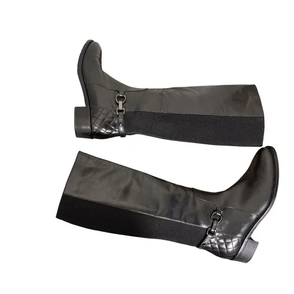 Aquatalia Oralie Equestrian Knee High Boot 8 Black Leather Side Zip Quilted - Picture 3 of 15